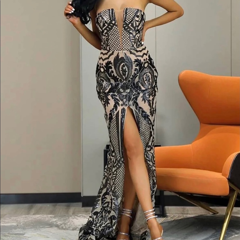 Mesh Tan Sequin Strapless Dress